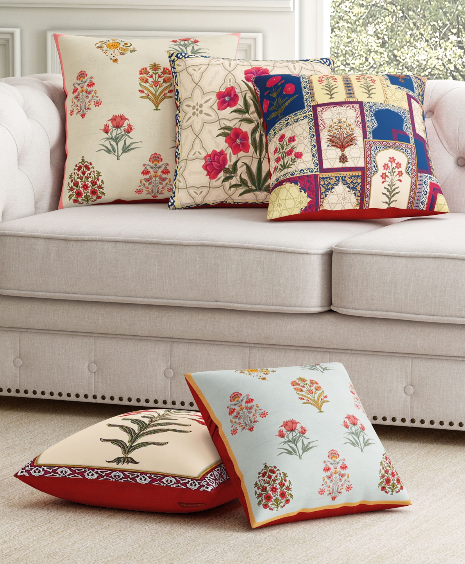 SEJ by Nisha Gupta Set of 5 Ethnic Motif Premium Cushion Covers - Blue-image-18