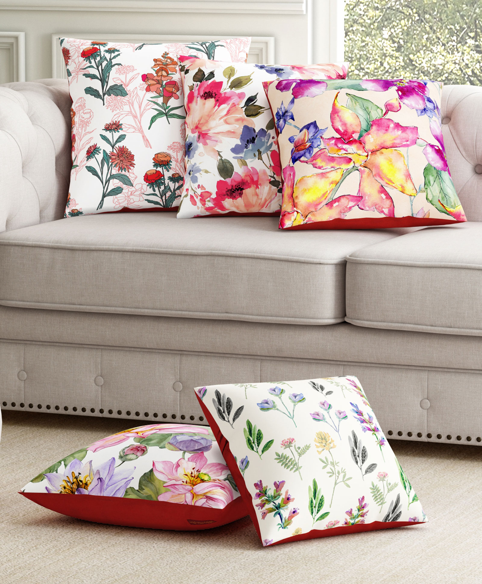 Sej by Nisha Gupta Pack of 5 Florals Premium 16 by 16 Cushion Covers - Pink-image-19