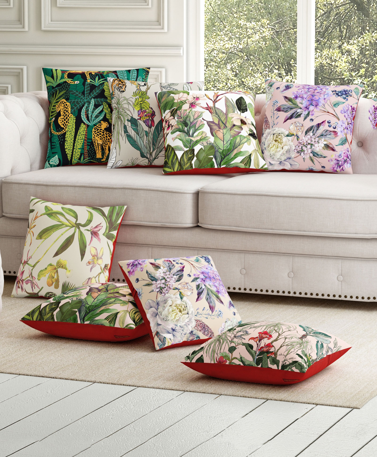 Sej by Nisha Gupta Pack of 8 Florals Premium Cushion Covers - Green-image-20