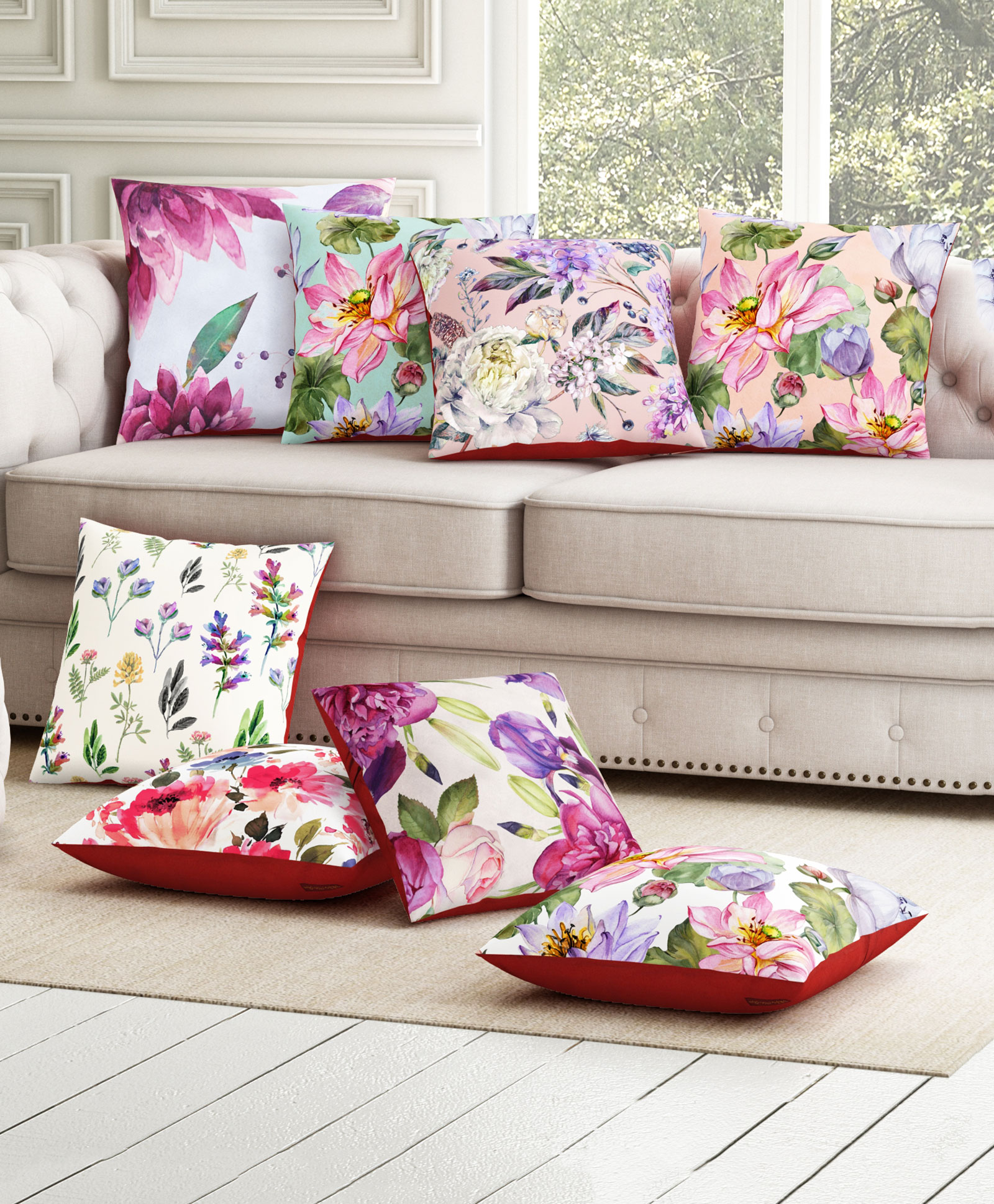 Sej by Nisha Gupta Pack of 8 Florals Premium Cushion Covers - Red-image-10