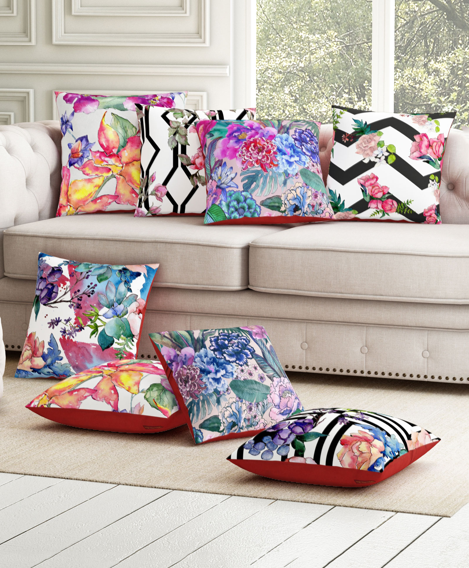 Sej by Nisha Gupta Pack of 8 Florals Premium Cushion Covers  - White-image-11