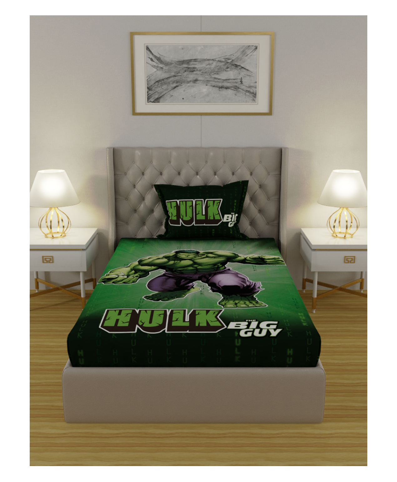 Marvel Avengers Single Cotton Bedsheet With Pillow Cover Hulk Print - Green-image-43