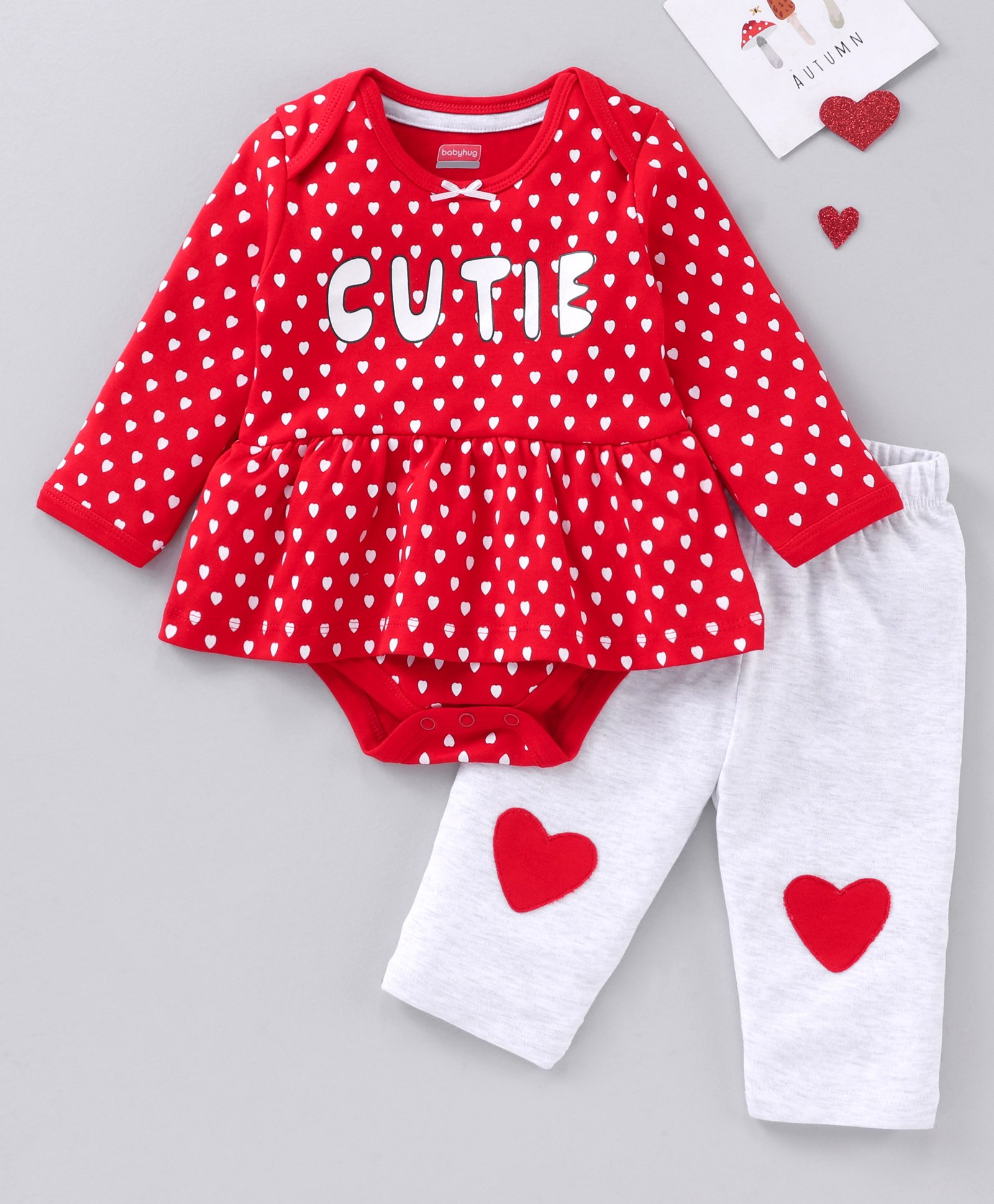 Babyhug Full Sleeves Cotton Knit Frock Style Onesie with Leggings Heart Print - Red and Grey-image-5