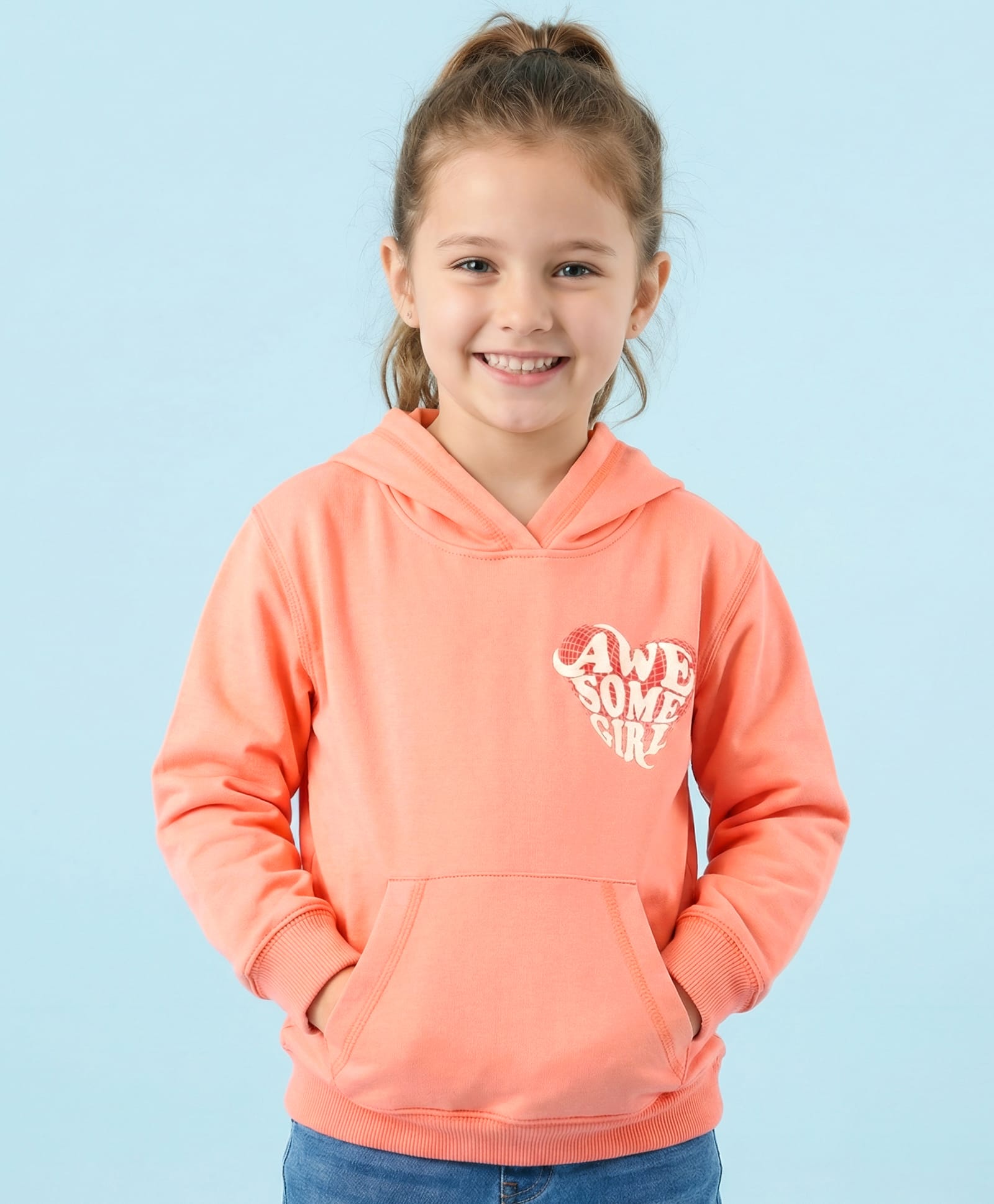 Doreme Full Sleeves Hooded Neck Sweatshirt Heart Text Print - Peach-picture-10