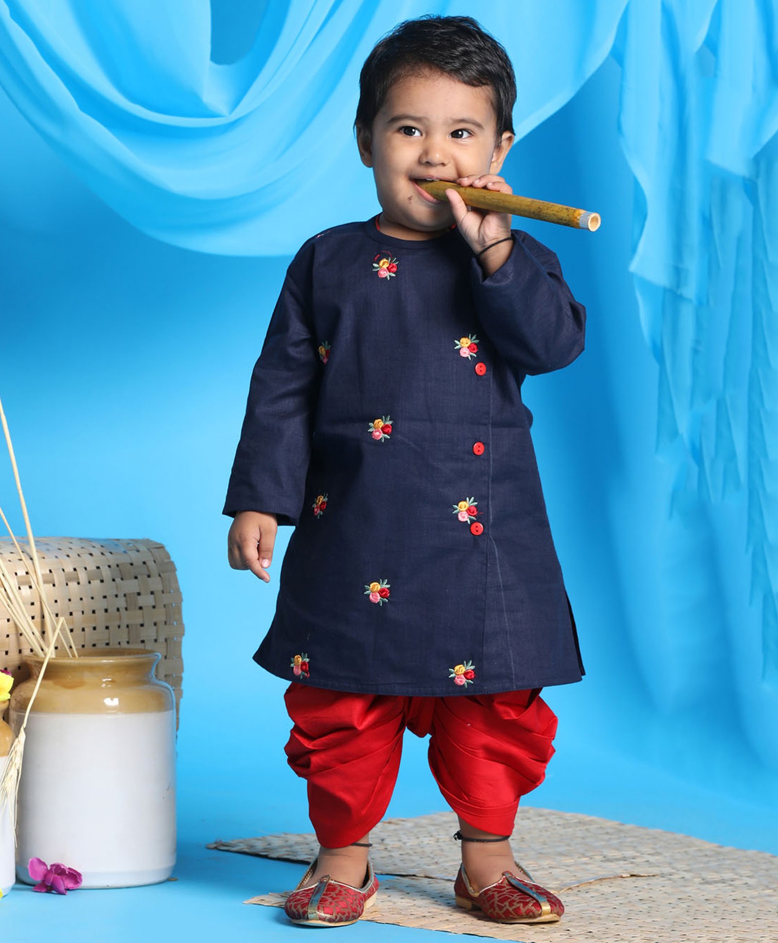 Vastramay Full Sleeves Roses Embroidered Kurta & Dhoti Set - Navy Blue-picture-13