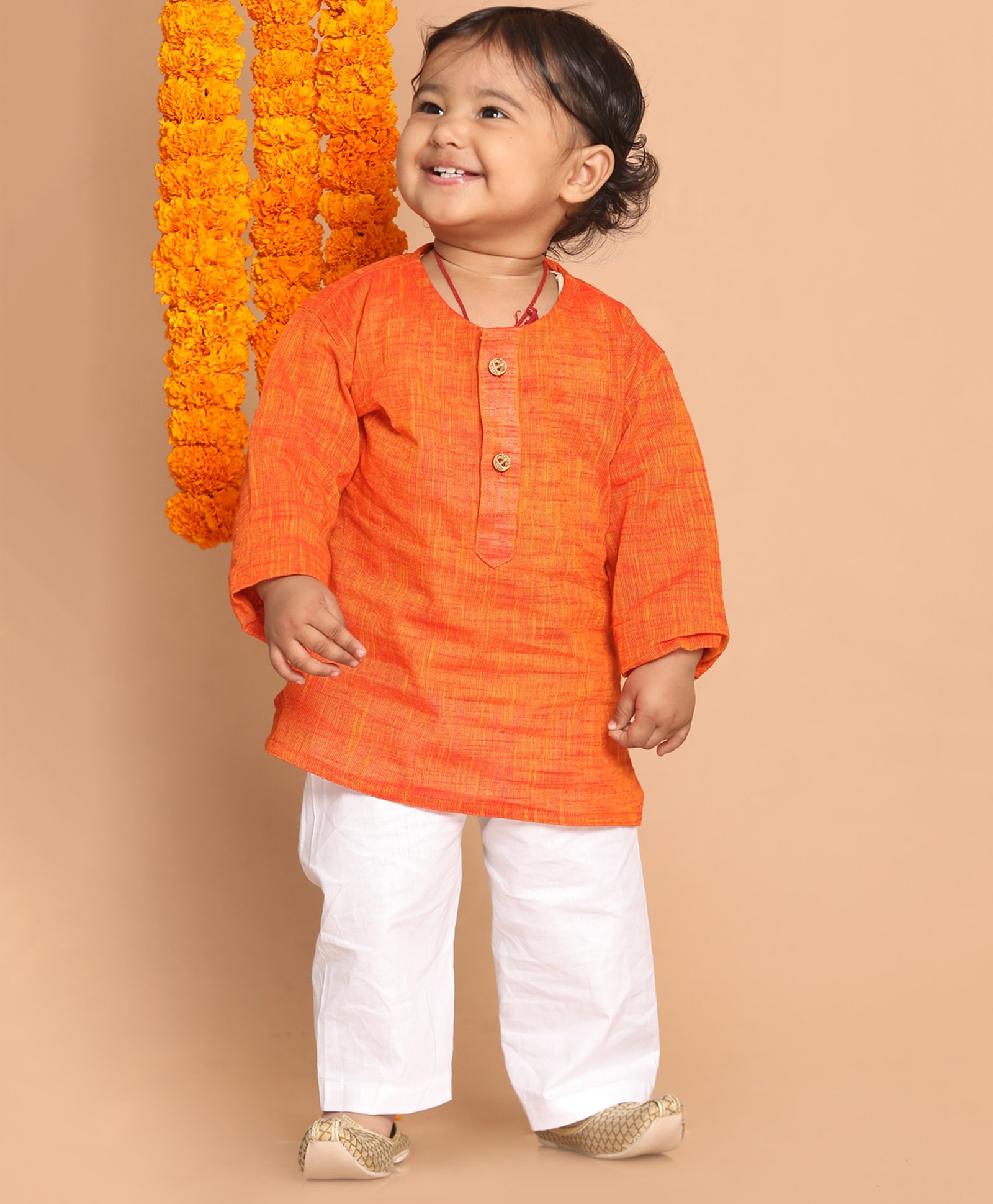 Vastramay Full Sleeves Front Button Closure Solid Kurta & Pajama Set - Orange-picture-33