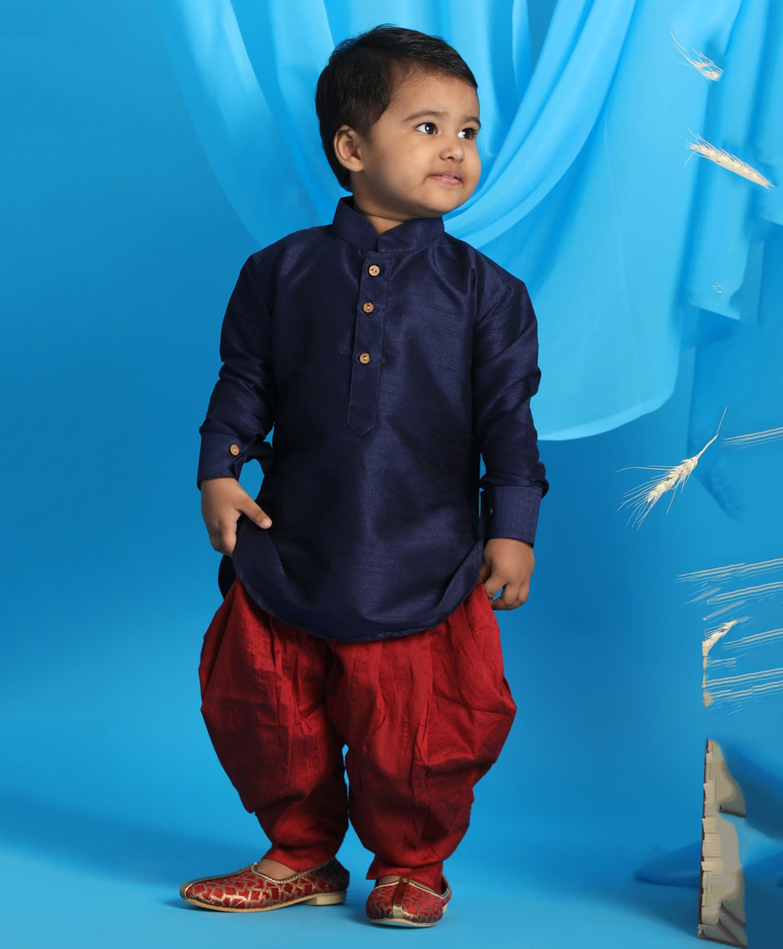 VASTRAMAY SISHU Full Sleeves Front Button Closure Solid Kurta & Dhoti Set - Blue-image-26