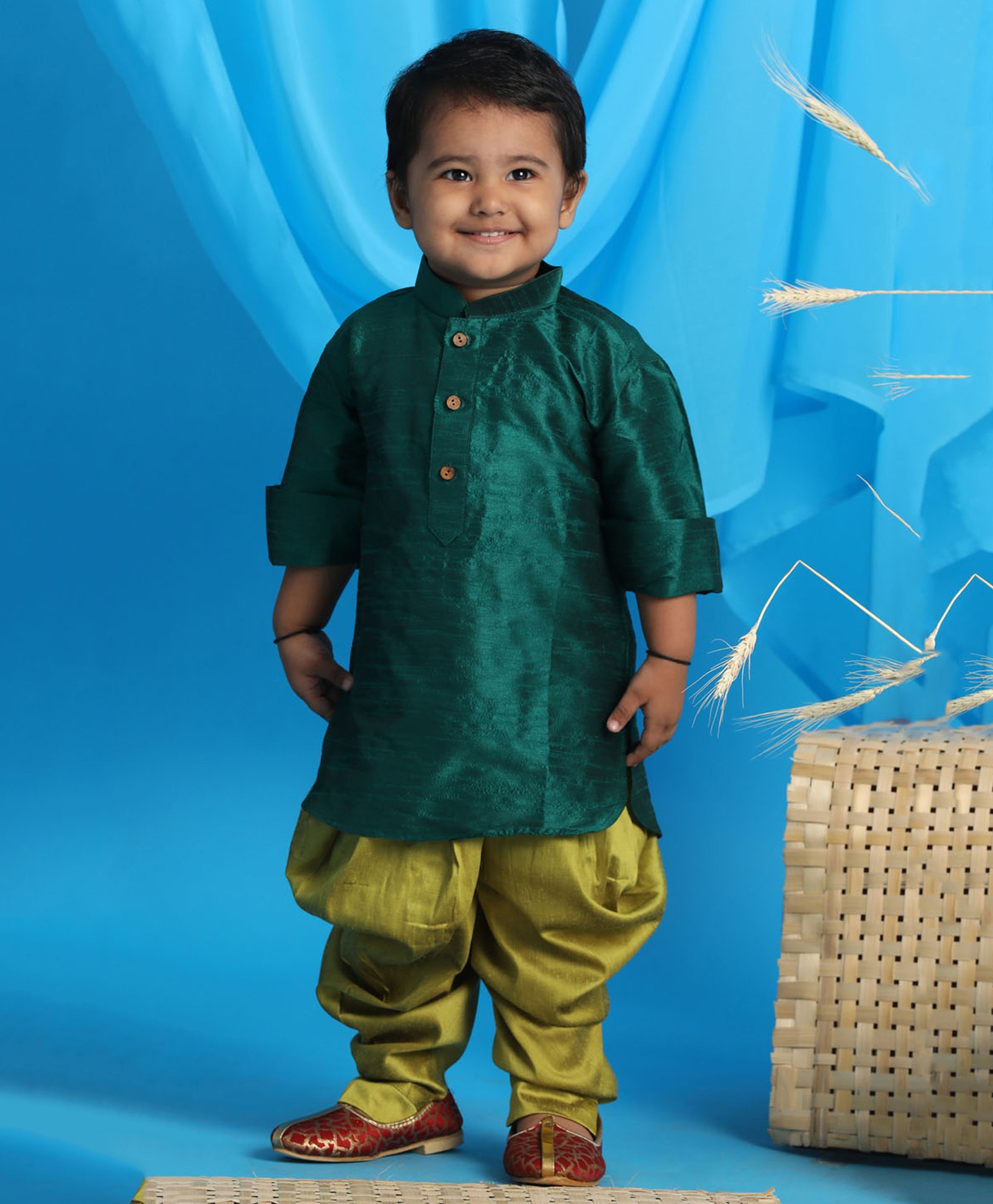 VASTRAMAY SISHU Full Sleeves Front Button Closure Solid Kurta & Dhoti Set - Green-image-23