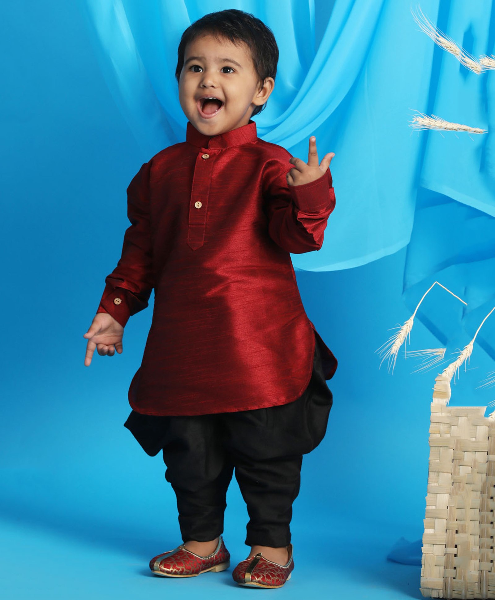 Vastramay Full Sleeves Front Button Closure Solid Kurta & Dhoti Set - Maroon-image-42