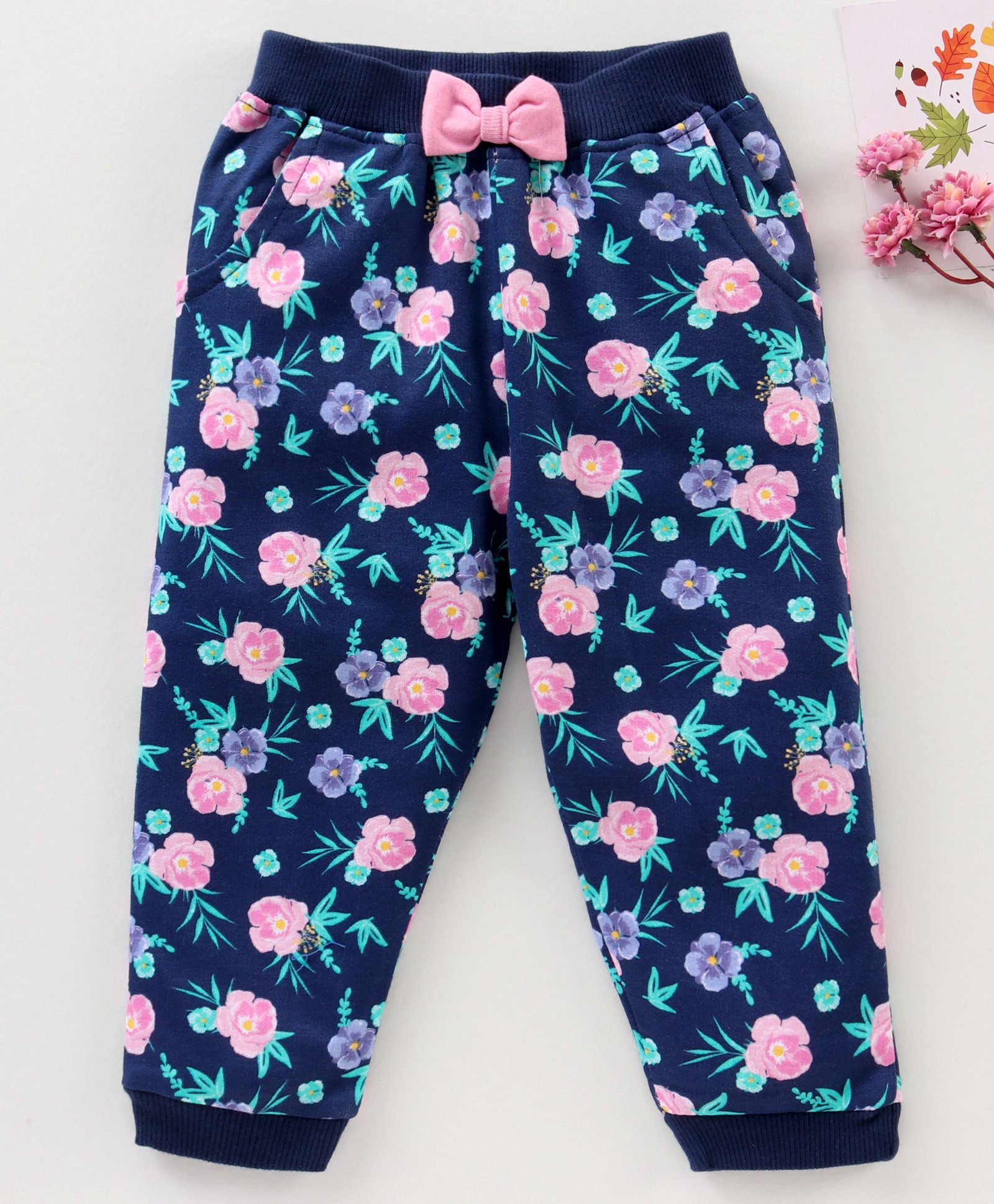 Babyhug Cotton knit Full Length Floral Printed Lounge Pant - Blue-image-34