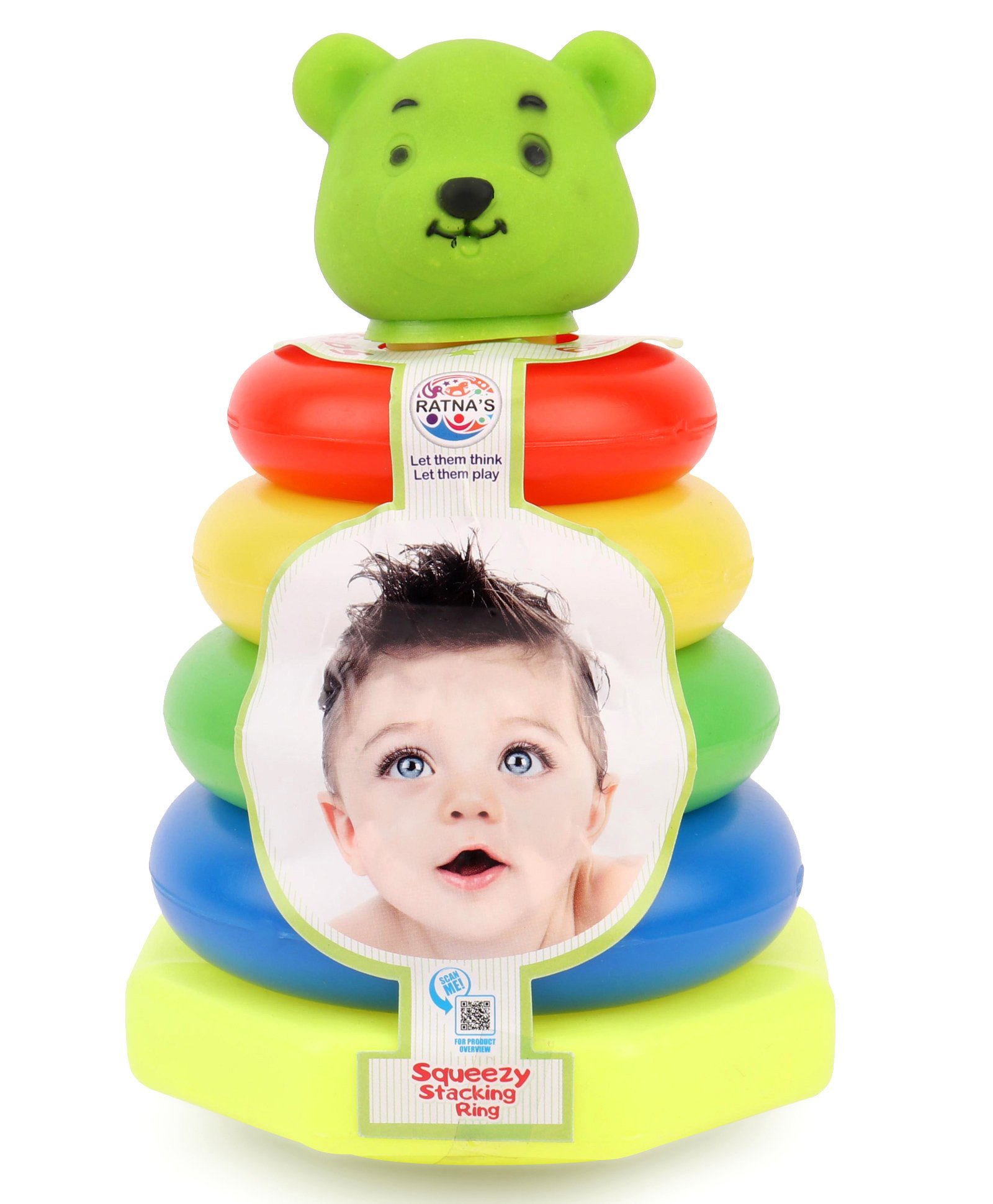 Ratnas Squeaky Stacking Ring Toy With Green Bear Face  - 7 Pieces Color May Vary-picture-47