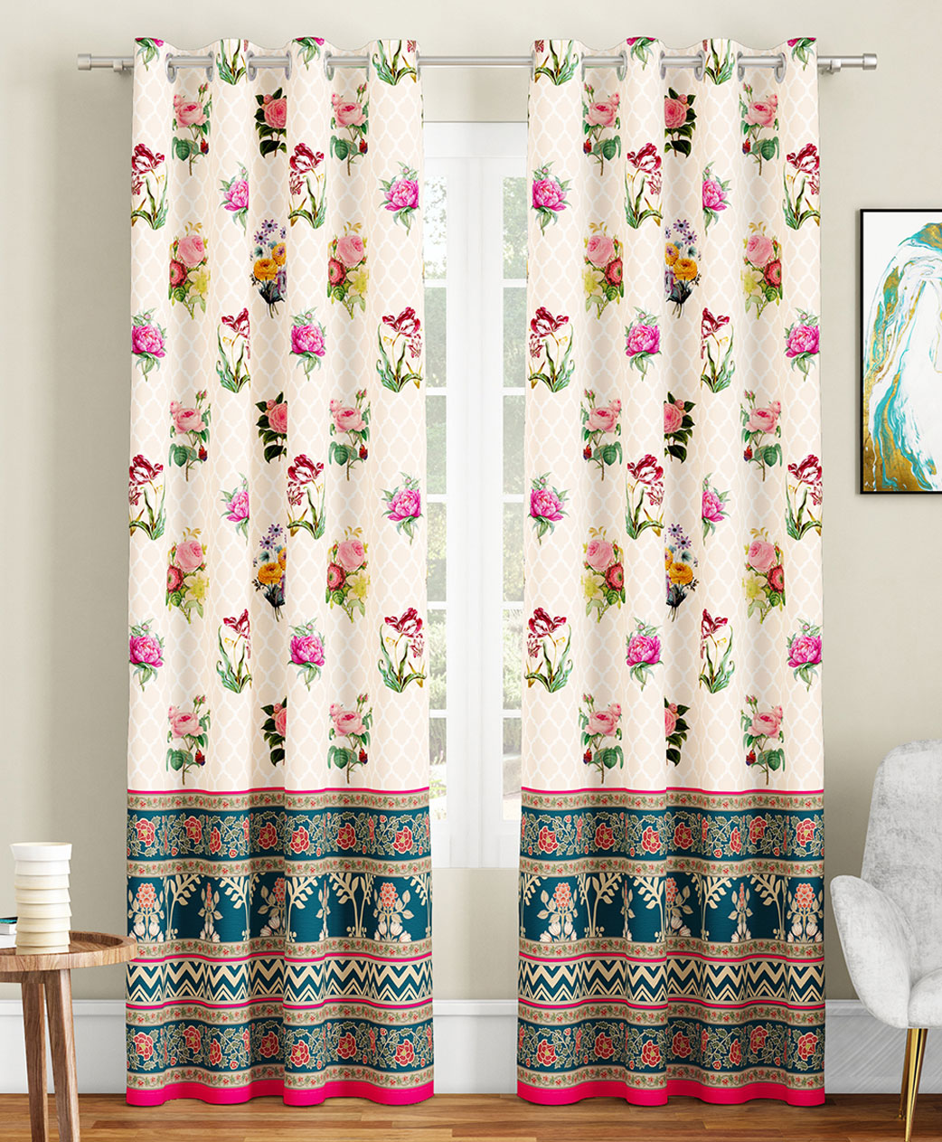 SEJ by Nisha Gupta Pack of 2 Abstract Eyelet Door Curtains - Cream-image-17