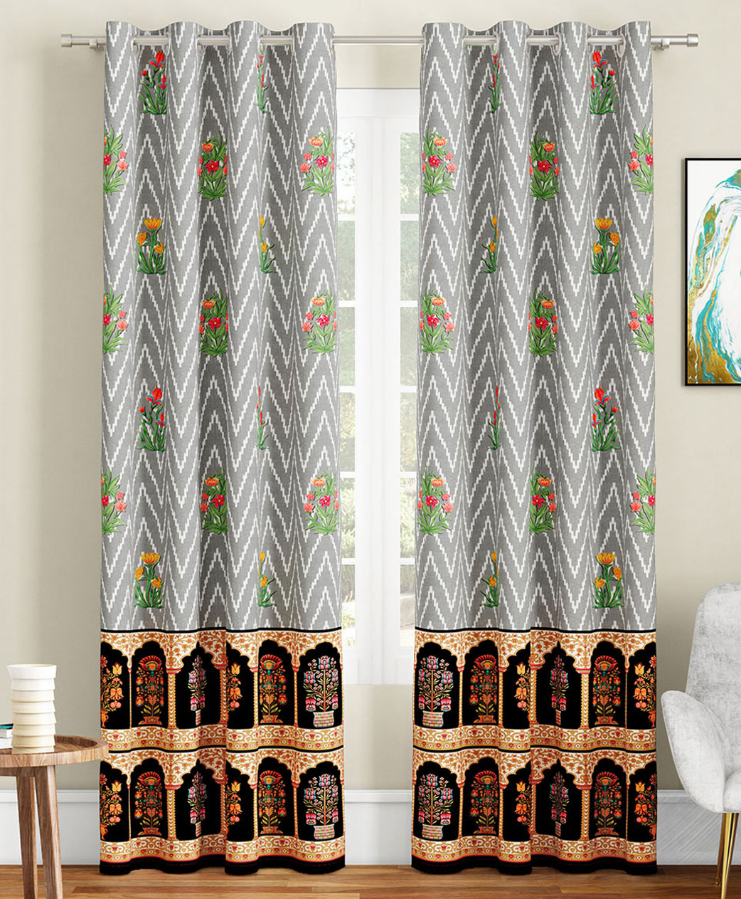 SEJ by Nisha Gupta Pack of 2 Abstract Eyelet Door Curtains - Grey-image-40