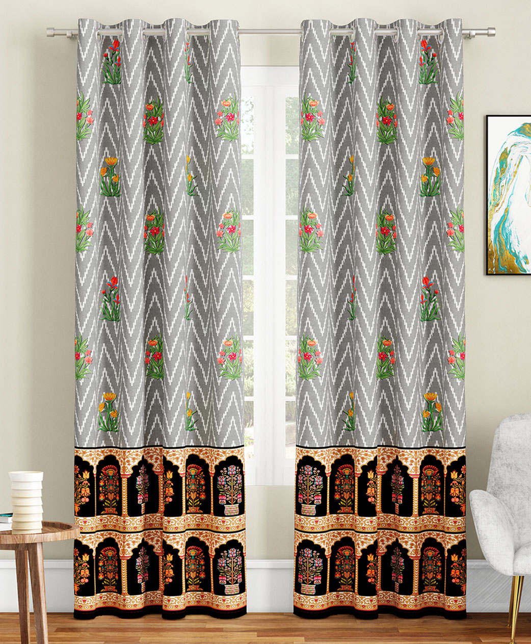 SEJ by Nisha Gupta Pack of 2 Abstract Eyelet Long Door Curtains - Grey-image-45