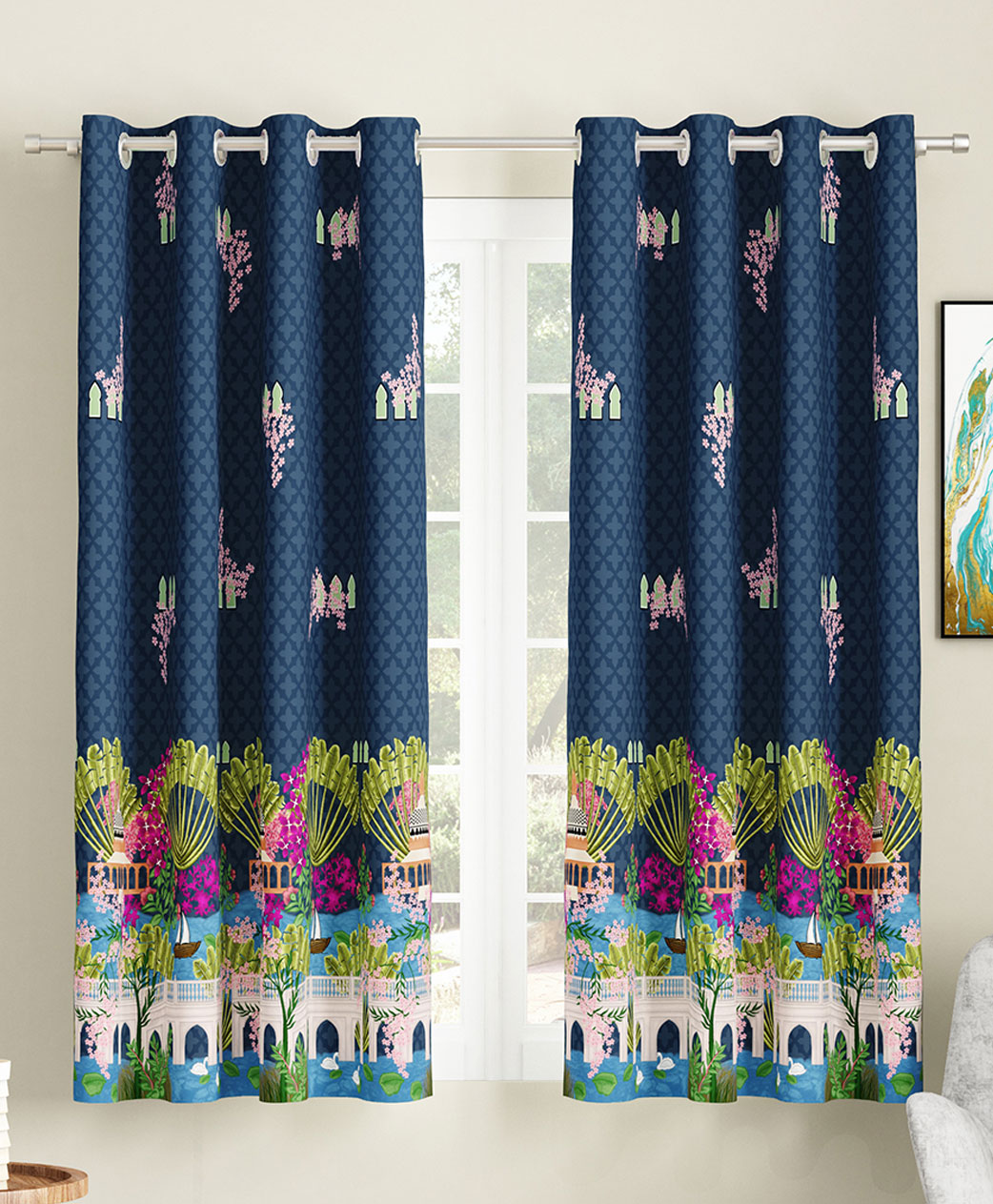 SEJ by Nisha Gupta Set of 2 Abstract Eyelet Window Curtains -Blue-image-4