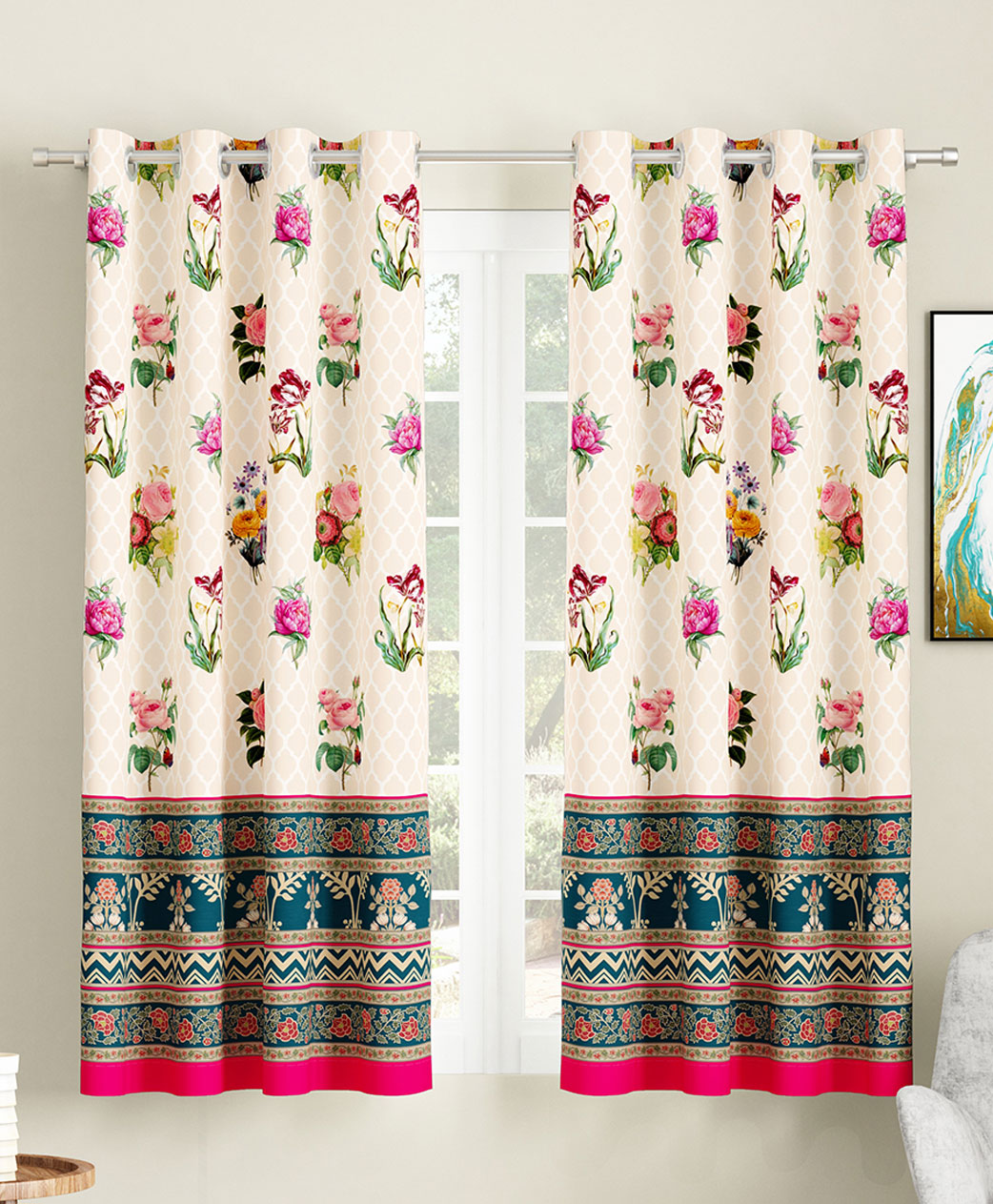 SEJ by Nisha Gupta Set of 2 Abstract Eyelet Window Curtains - Cream-image-18