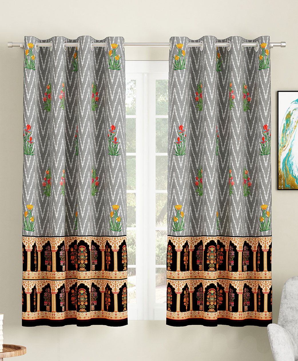 SEJ by Nisha Gupta Set of 2 Abstract Eyelet Window Curtains - Grey-image-3