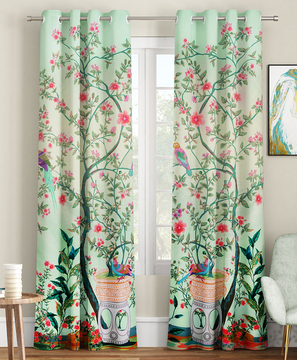 SEJ by Nisha Gupta Set of 2 Floral Eyelet Door Curtains - Green-picture-12