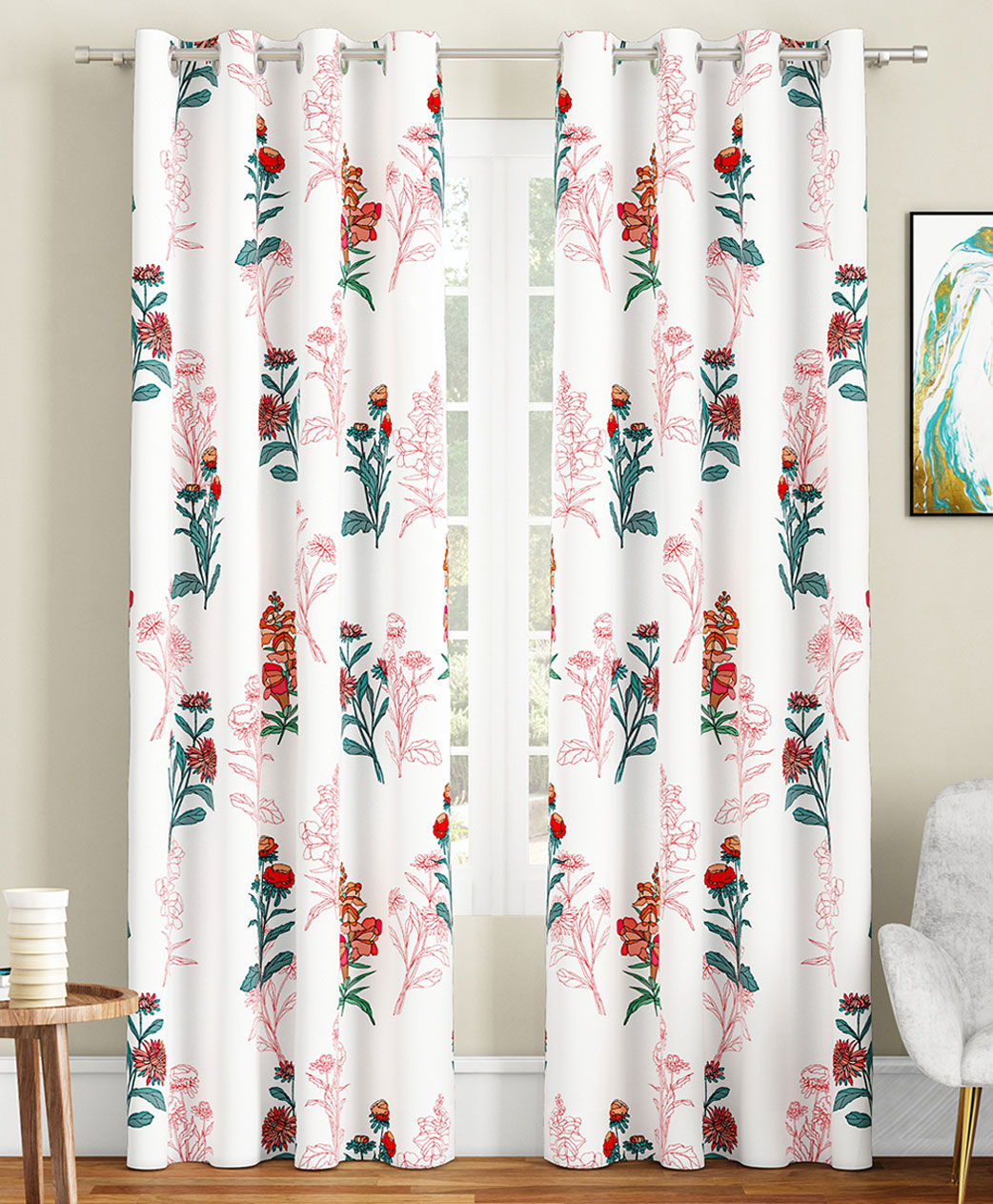 SEJ by Nisha Gupta Floral Eyelet Long Door Curtains Pack of 2 - White-image-35