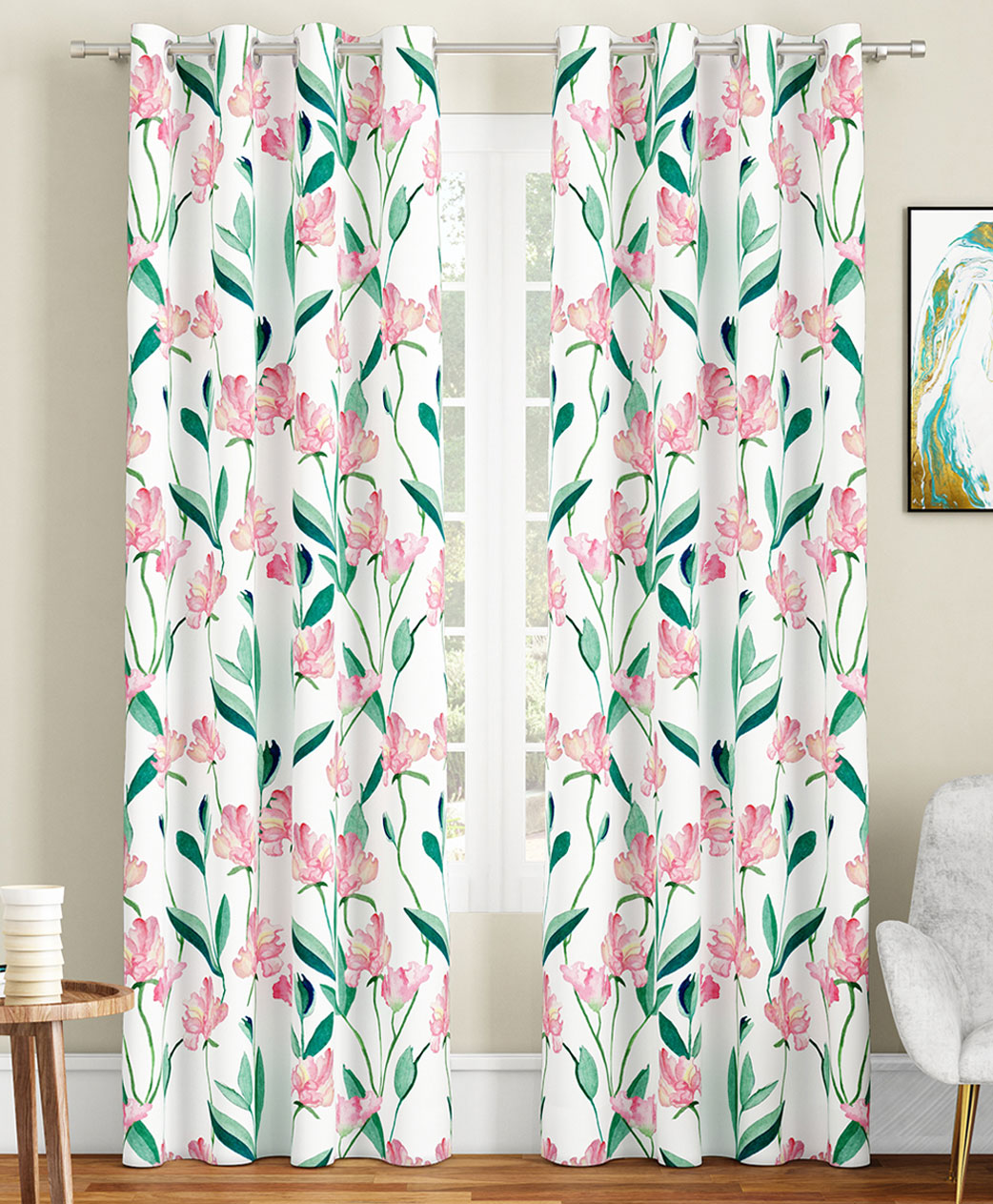 SEJ by Nisha Gupta Floral Eyelet Long Door Curtains Pack of 2 - White-image-36