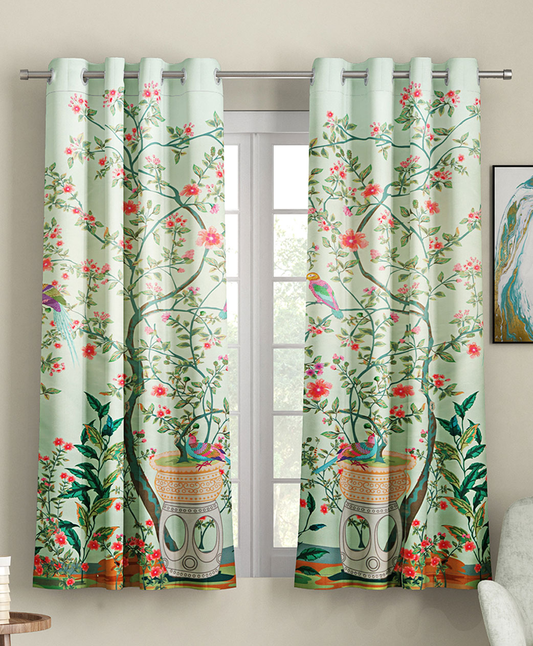 SEJ by Nisha Gupta Set of 2 Floral Eyelet Window Curtains - Green-image-19