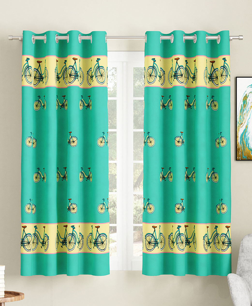 SEJ by Nisha Gupta Set of 2 Quirky Eyelet Window Curtains - Green-image-3