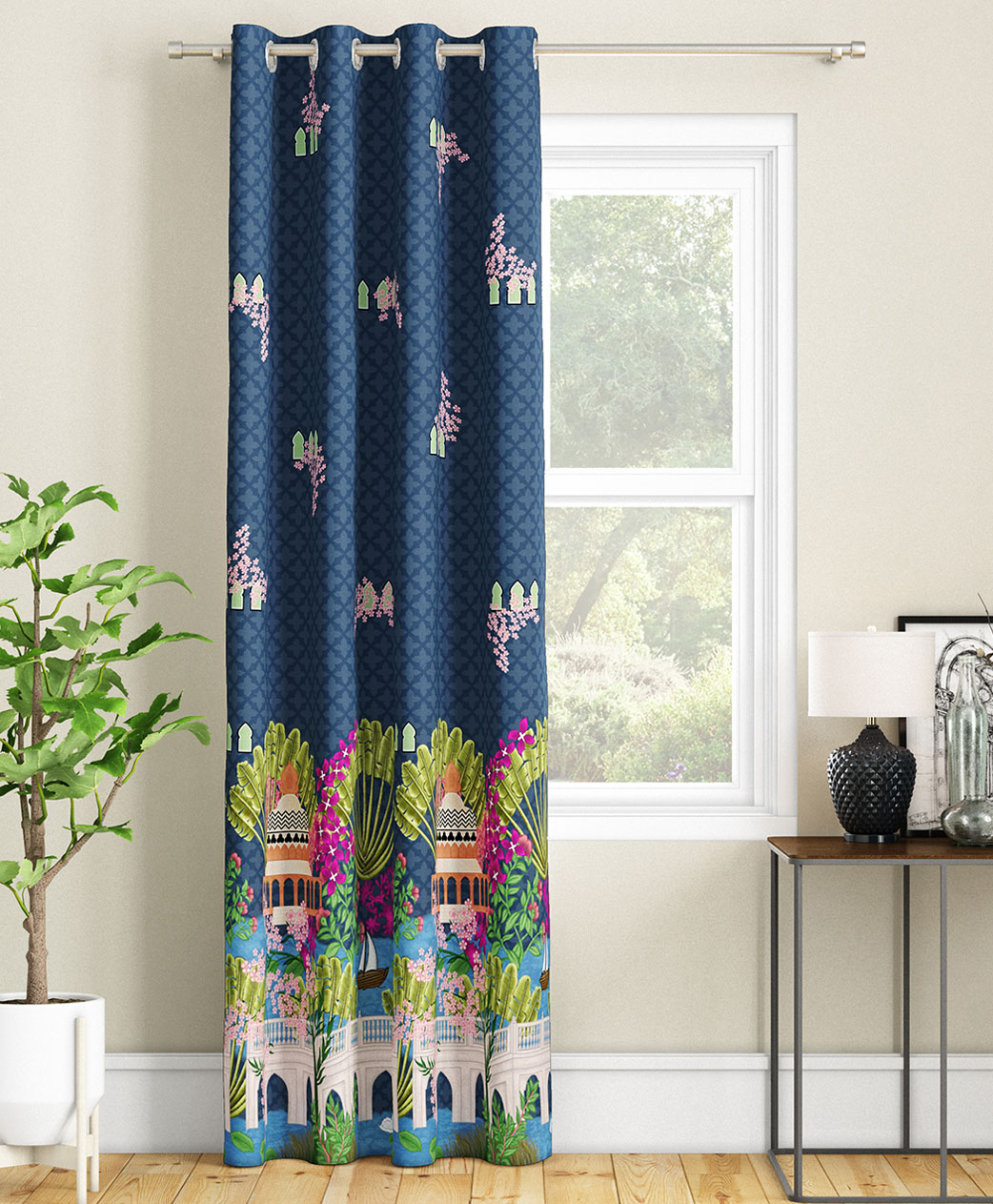 SEJ by Nisha Gupta Single Abstract Eyelet Door Curtain - Blue-image-18