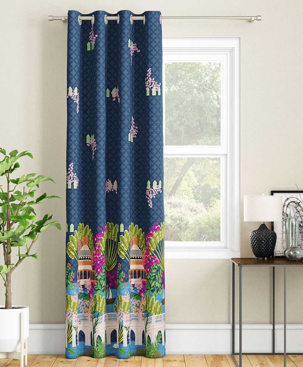 SEJ by Nisha Gupta Single Abstract Eyelet Long Door Curtain - Blue-picture-28