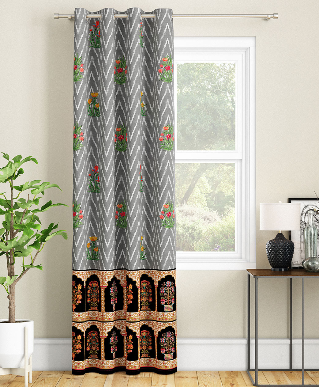 SEJ by Nisha Gupta Single Abstract Eyelet Long Door Curtain - Grey-image-44