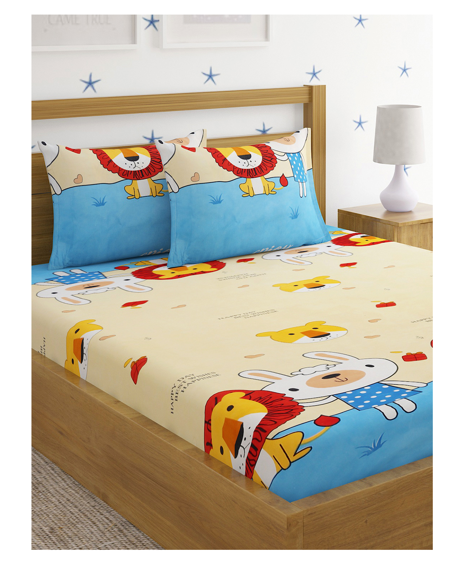 HOSTA HOMES 280 GSM Glaced Cotton Double Size Bedsheet With 2 Pillow Covers Lion Print - Multicolor-image-2
