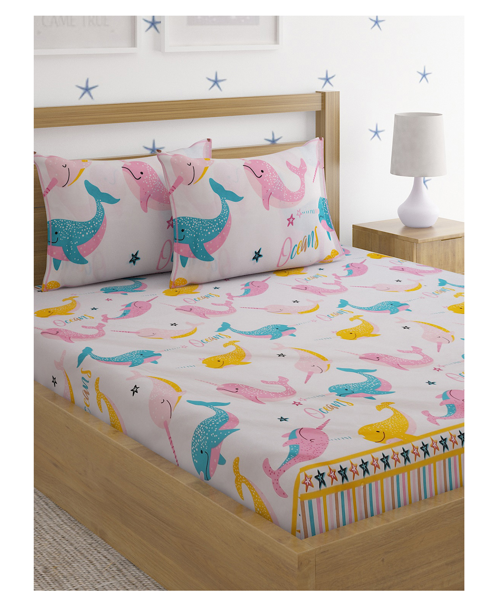 HOSTA HOMES 280 GSM Glaced Cotton Double Size Bedsheet With 2 Pillow Covers Whale Print - Multicolor-picture-38