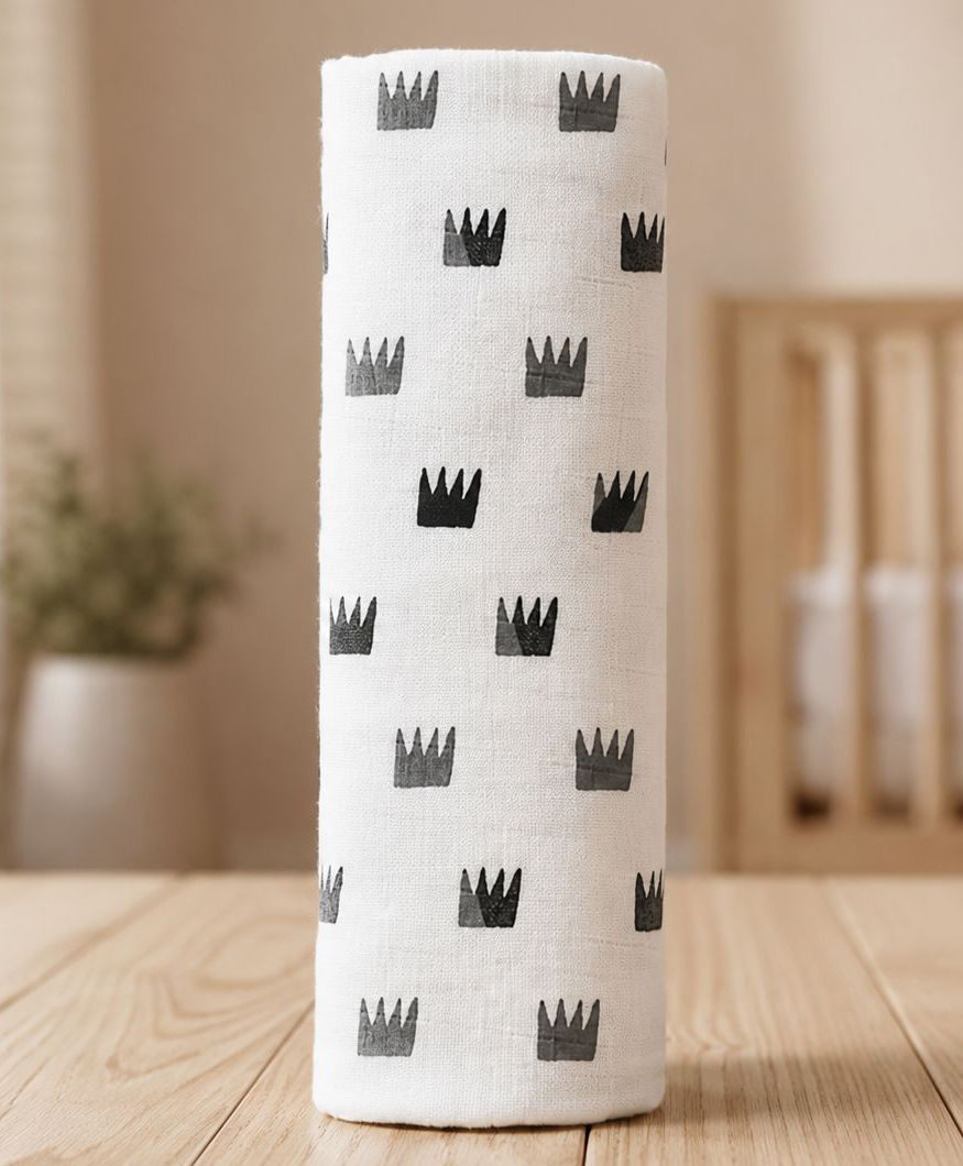 TinyLane 100% Organic Bamboo:Cotton Muslin Baby Swaddle Wrapper Crown Print - White Grey-image-26