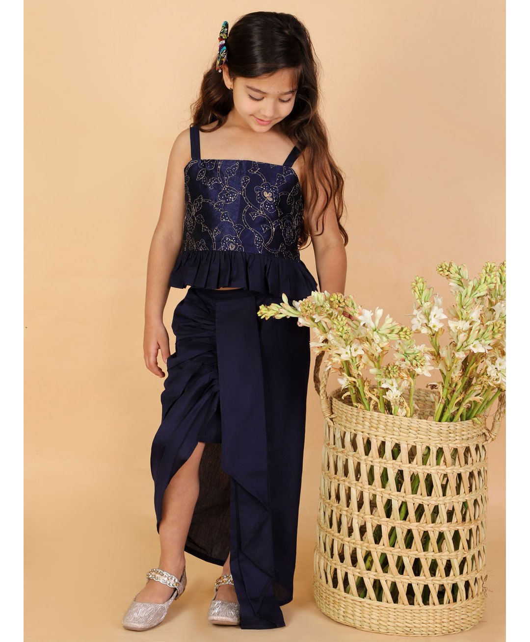 Vastramay Sleeveless All Over Floral Embroidered Peplum Choli & Abstract Dhoti Style Lehenga Set - Navy Blue-image-36