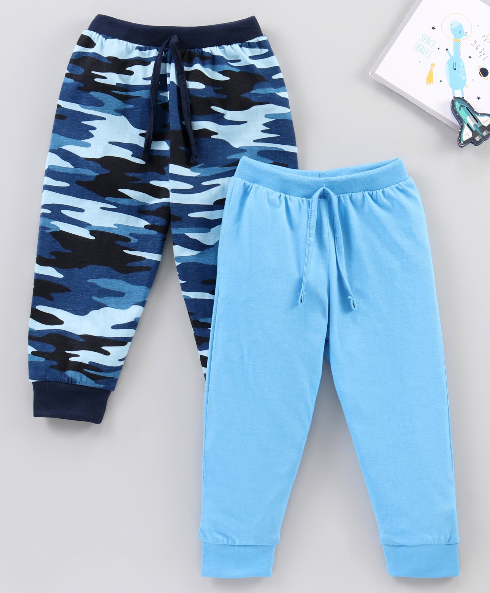 Babyhug Full Length Solid Colour and Camouflage Lounge Pants Pack of 2 - Blue-image-9