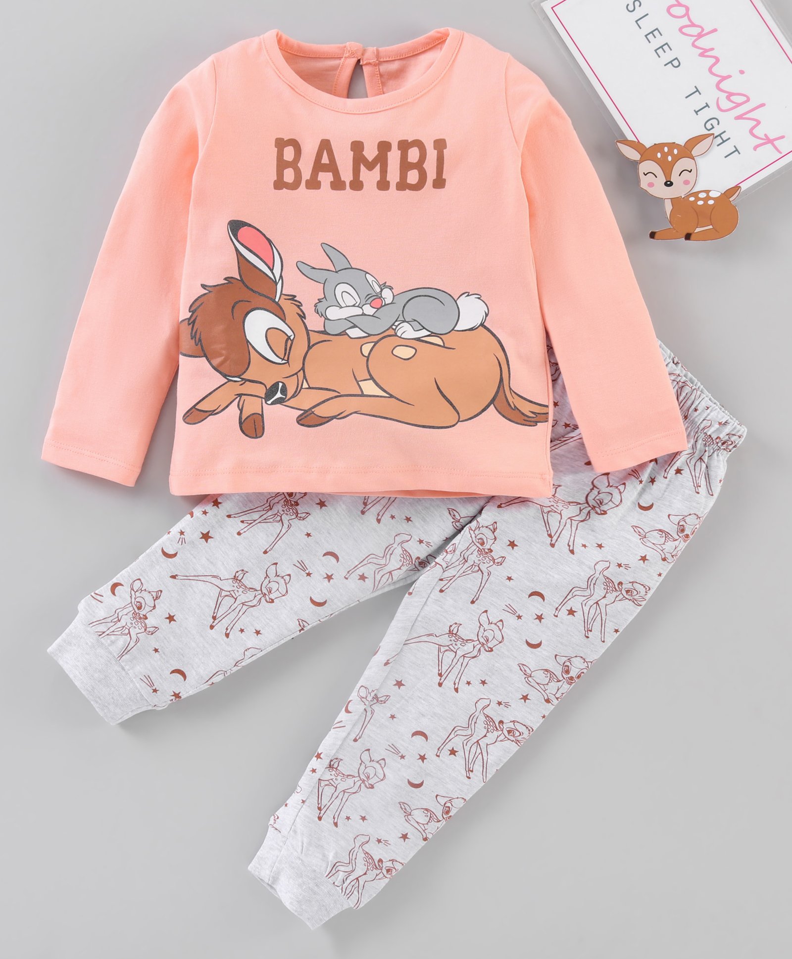 Disney by Babyhug Full Sleeves Night Suit Bambi Print - Pink-image-49