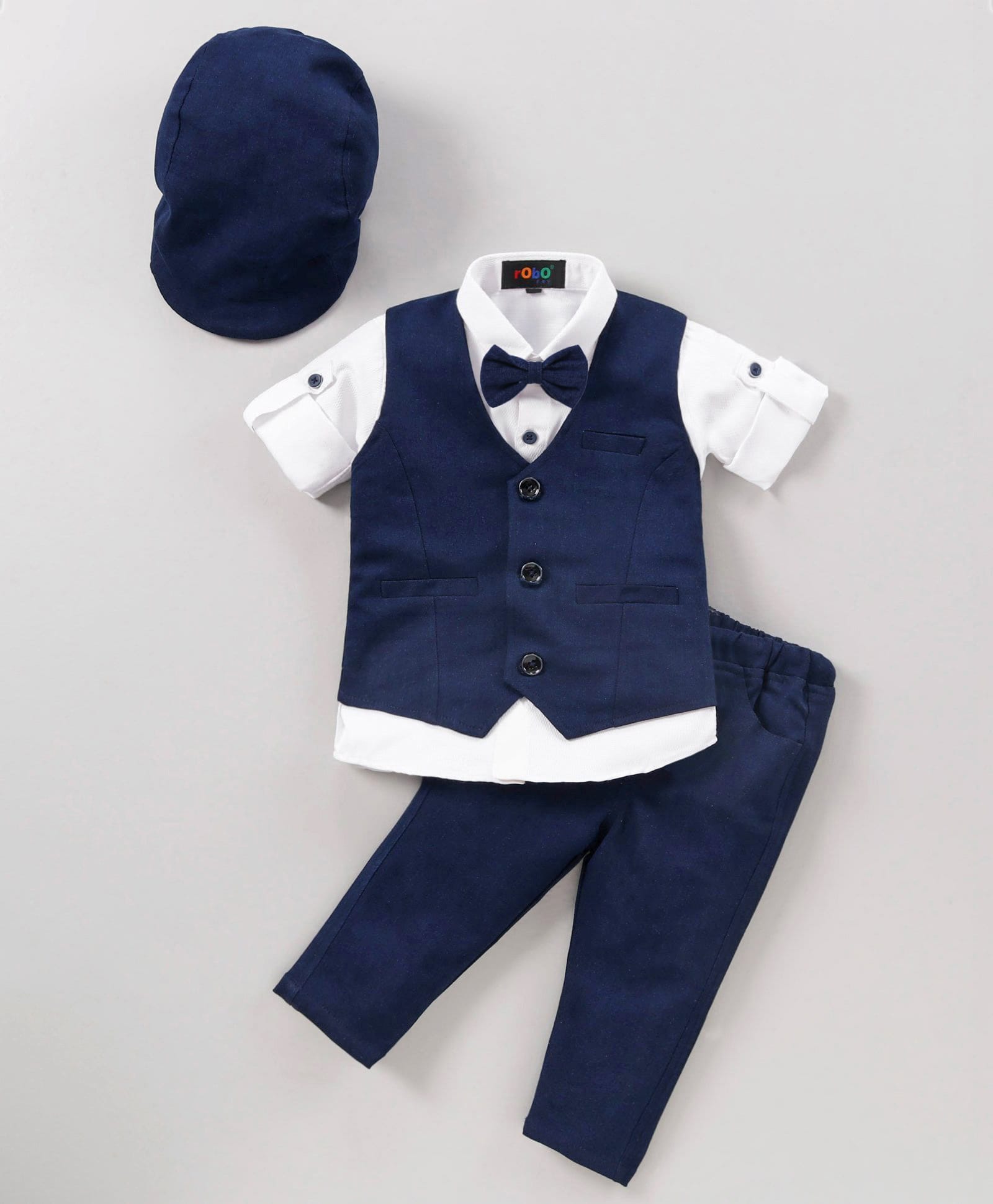 Robo Fry Full Sleeves Solid Party Suits With Cap & Bow - Blue-image-44