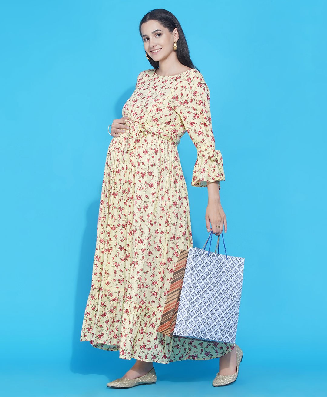 Mine4Nine Three Fourth Sleeves Floral Print Maternity Nursing Dress - Yellow-image-3