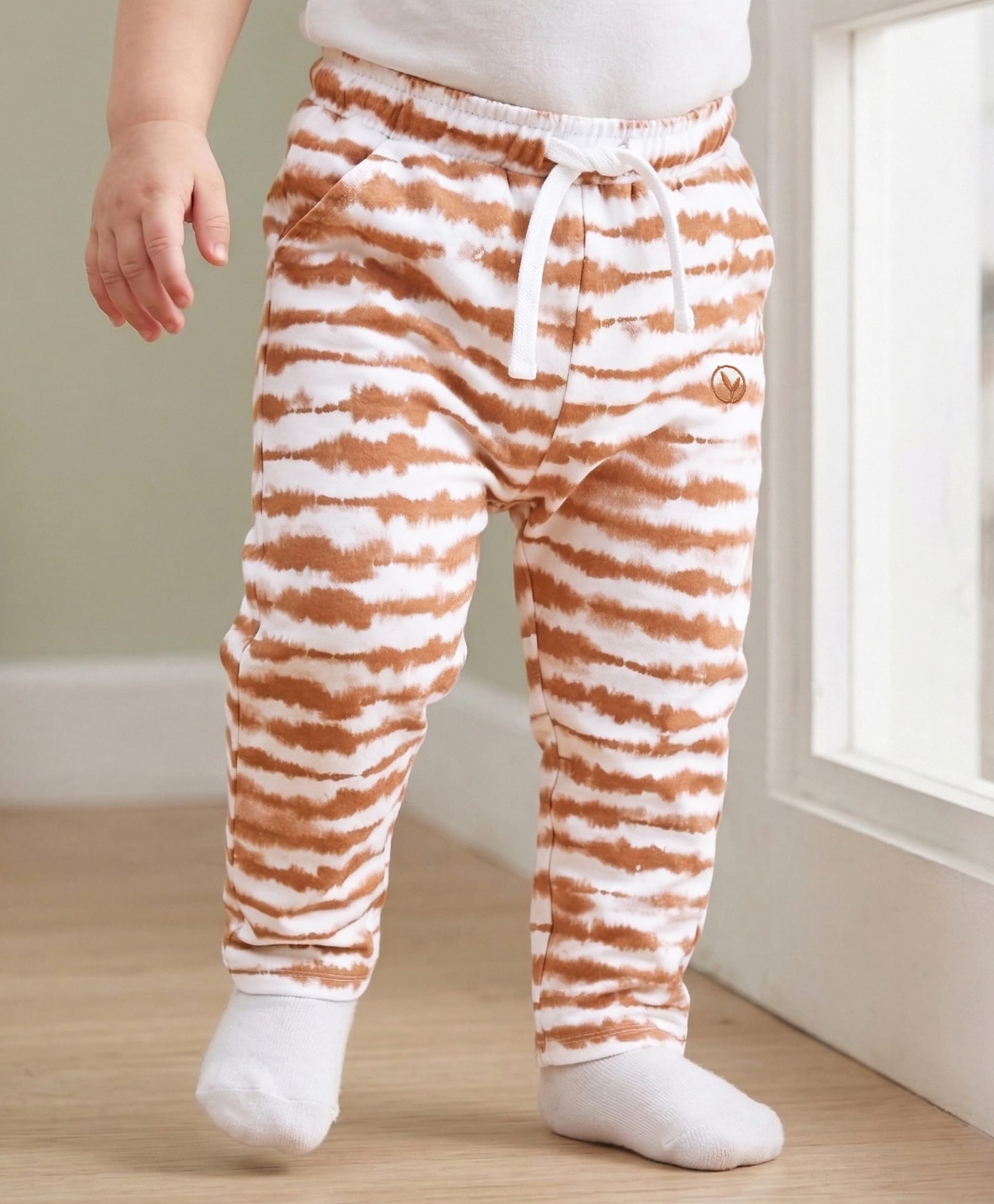 Babyoye 100% Cotton Terry Full Length Striped Lounge Pant - White Brown-picture-20