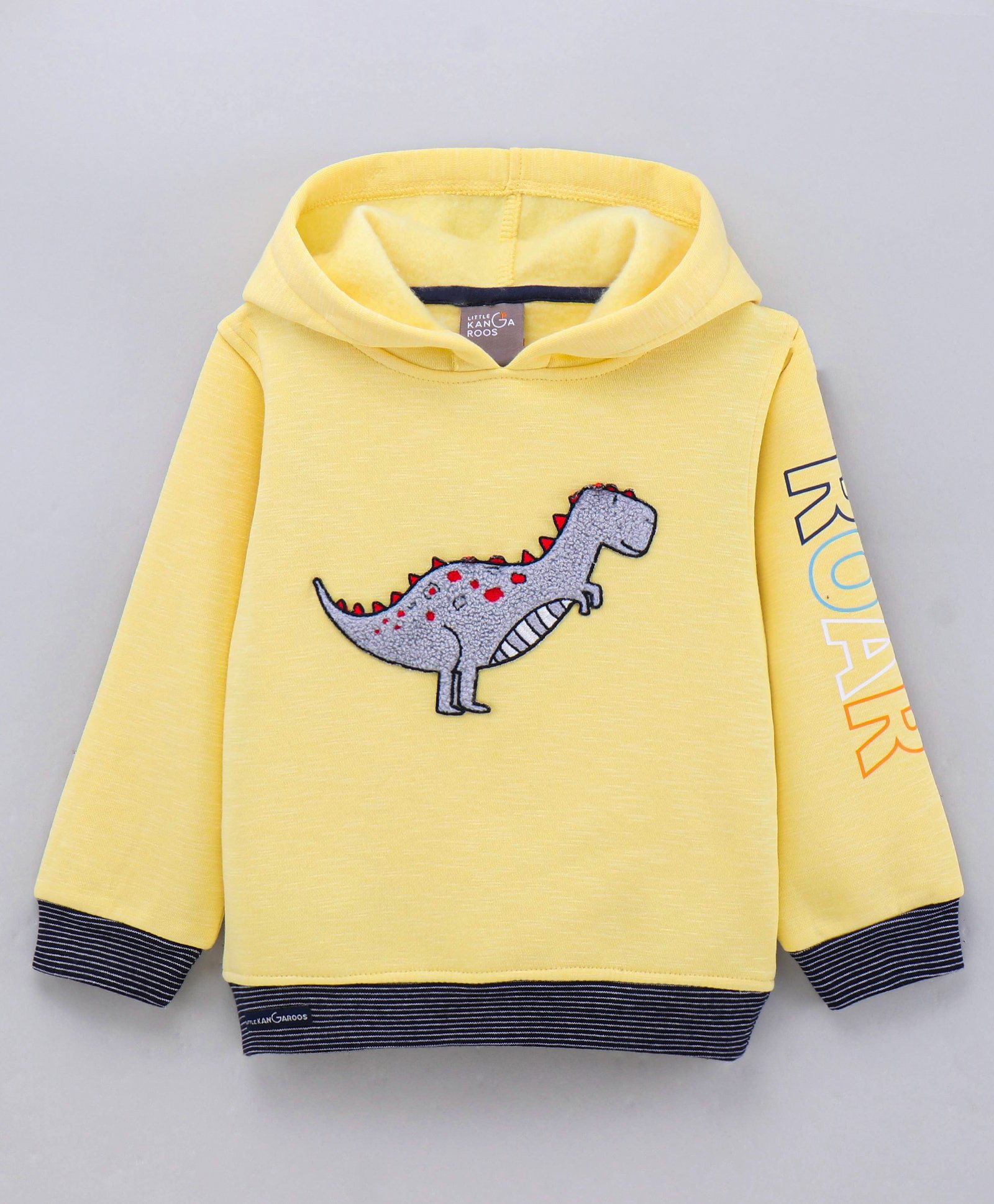 Little Kangaroos Cotton Knit Full Sleeves Hoodie Dino Print - Lemon Yellow-image-35