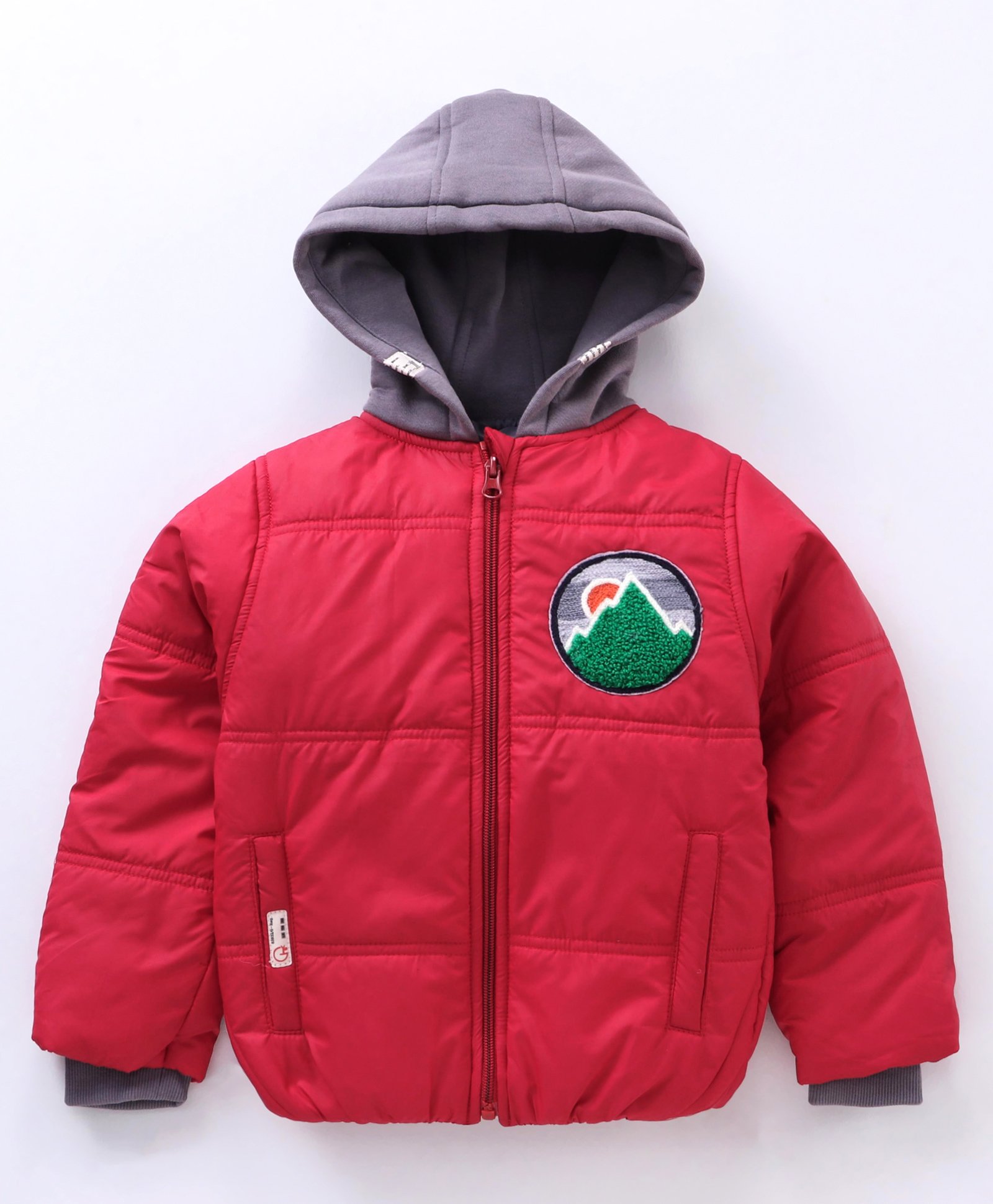 Little Kangaroos Full Sleeves Patched Quilted Hooded Jacket - Red-image-38