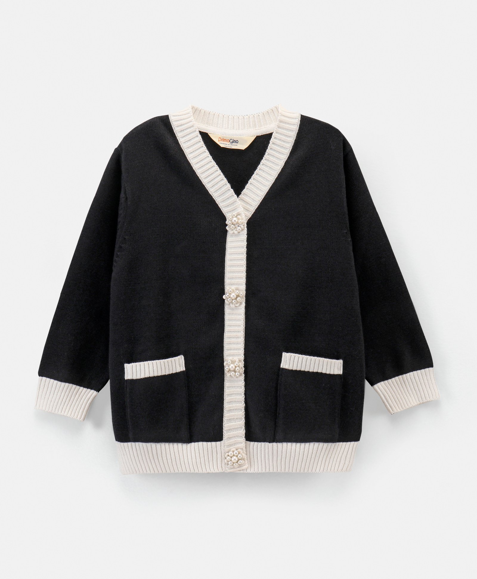 Primo Gino Cotton Front Open Sweater With Flower Shaped Pearl Buttons - Black-picture-28