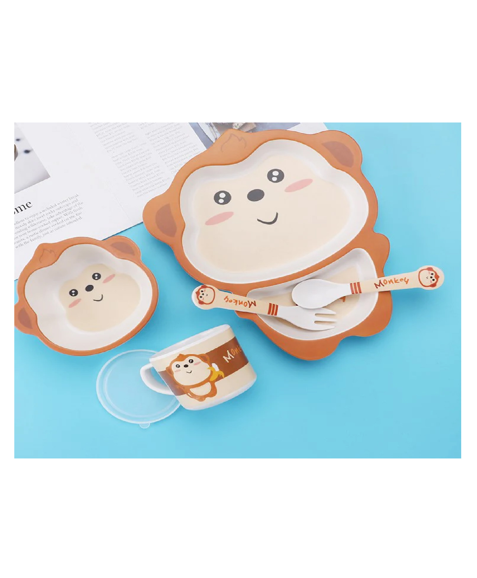 SANISHTH Cartoon Animal Monkey Bamboo Fiber Dinnerware Plate and Bowl Set for Kids Toddler Plate Bowl Cup Spoon Fork Eco Friendly Non Toxic Self Feeding Baby Utensil Set of 5 Pieces - Brown-image-14