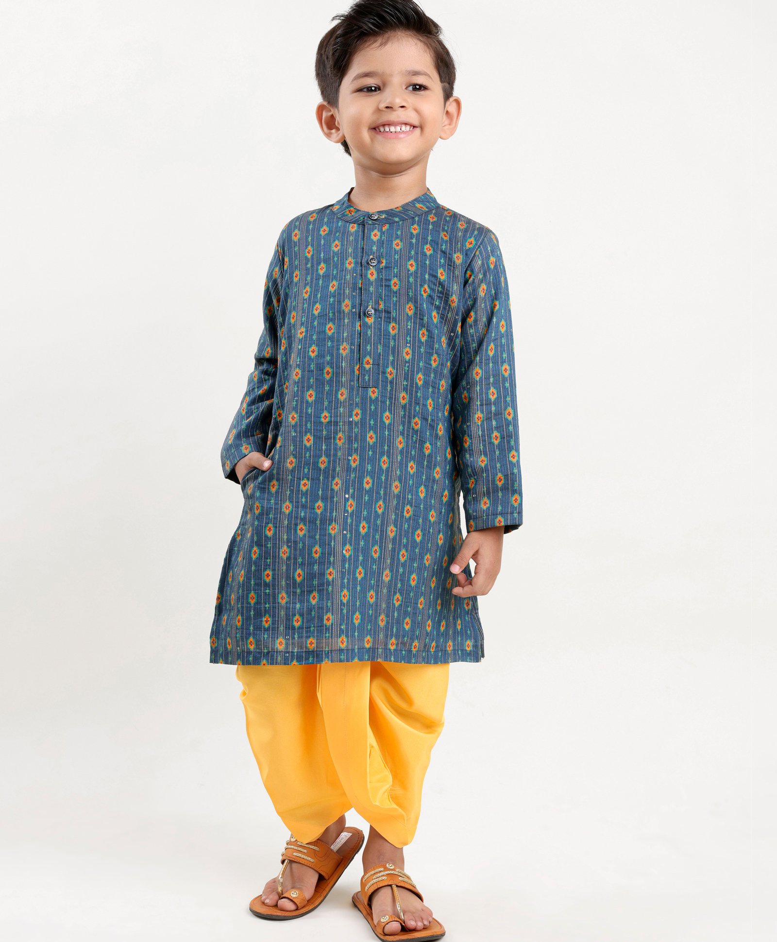 Babyhug Full Sleeves Embroidered Kurta and Dhoti Set - Blue & Yellow-picture-14