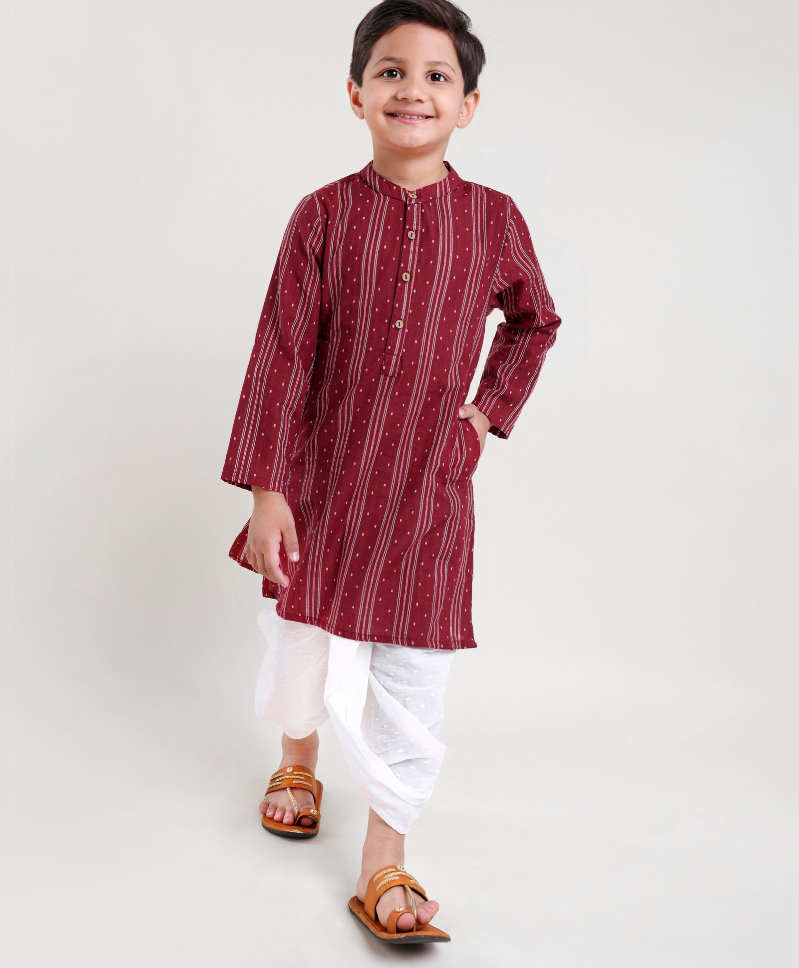 Babyhug Three Fourth Sleeve Handloom Stripe Kurta With Dobby Dhoti- MaroonBabyhug Three Fourth Sleeve Handloom Stripe Kurta With Dobby Dhoti- Maroon-image-34