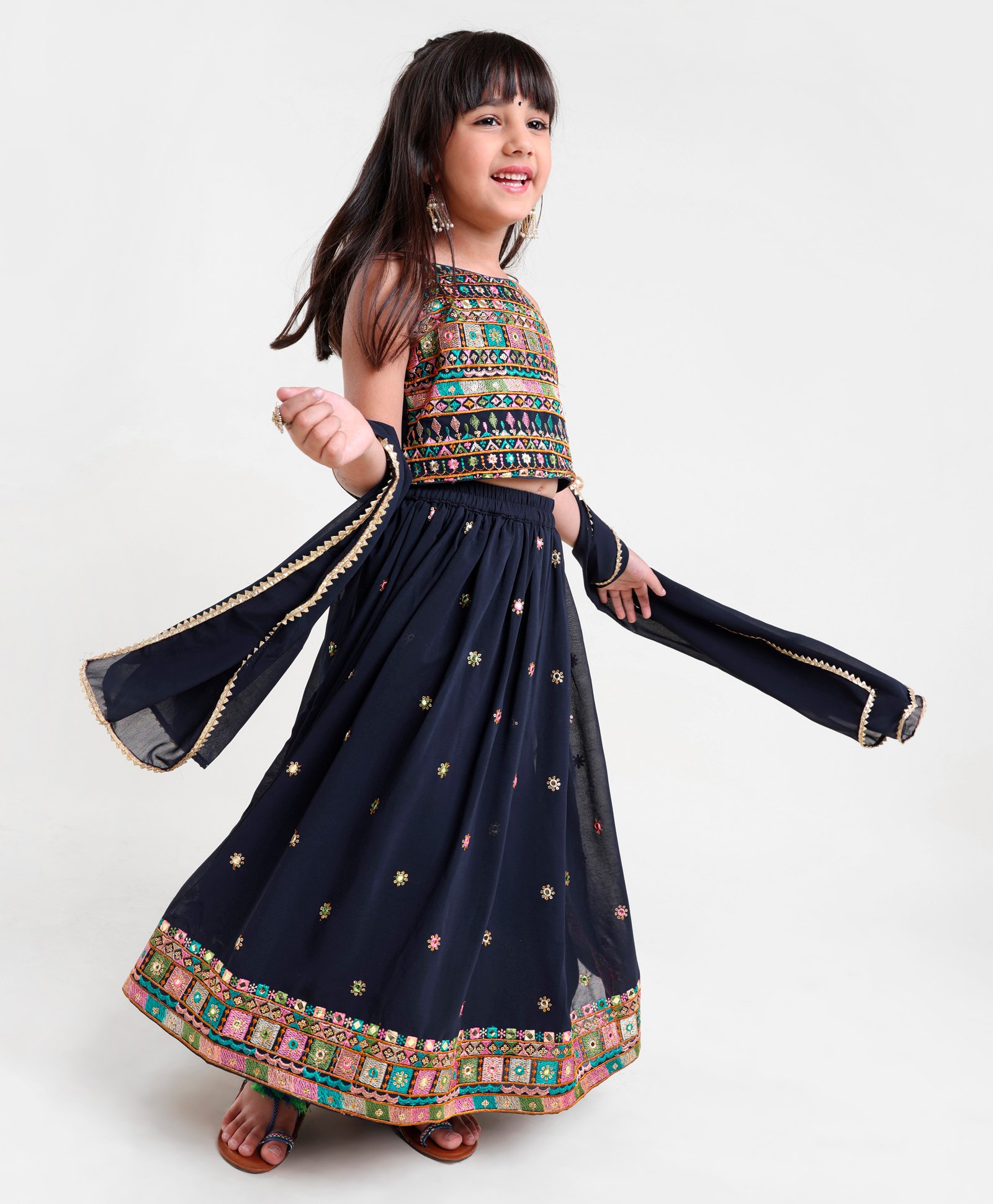 Babyhug Sleeveless Choli & Lehenga Set with Dupatta Thread Work - Blue-image-2