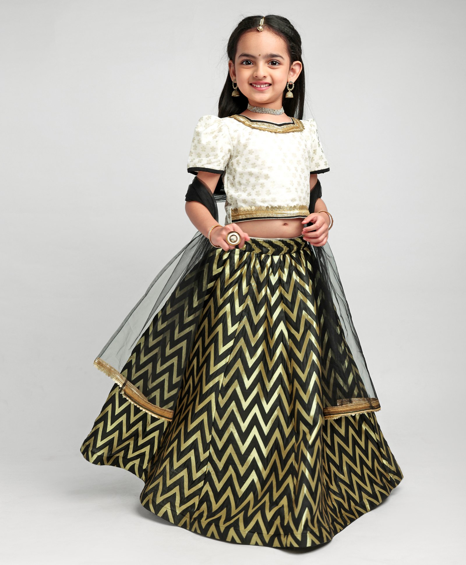 Saka Designs Half Sleeves Choli With Sequins Detailing & Full Length Flared Lehenga with Net Dupatta - Ivory & Black-picture-22