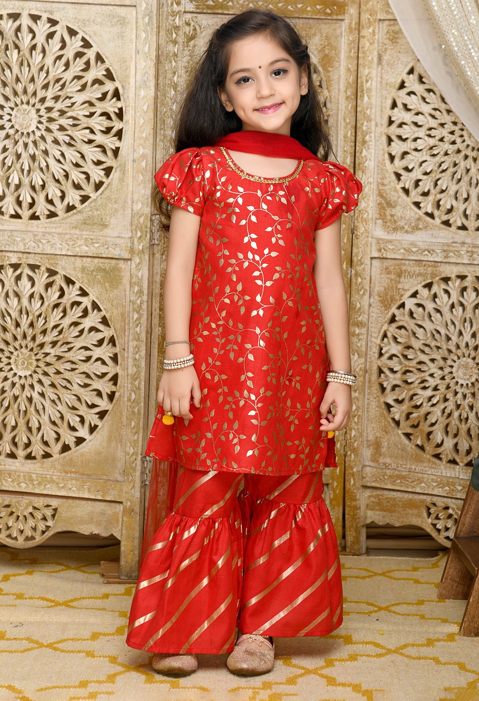 Saka Designs Cotton Woven Half Sleeves Zari Design Kurta & Sharara Set - Red-picture-26
