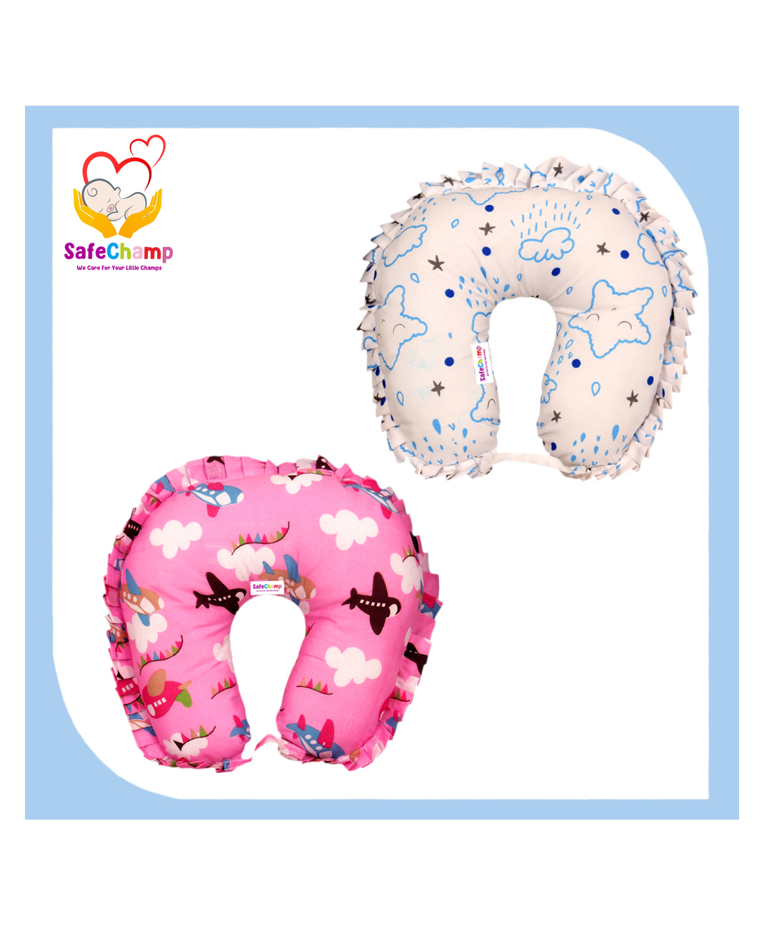 SafeChamp Shower Baby Travel Pillow Infant Head and Neck Support Pillow for Car Seat Pushchair S-SK - Pink & Blue-image-36