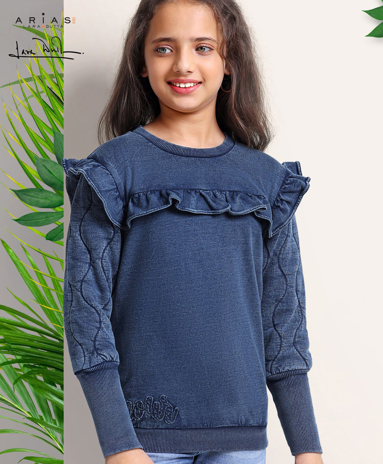 arias by lara dutta Arias indigo Cotton terry  Sweatshirt with applique embroidery And Quilted Sleeve - Indigo-picture-21
