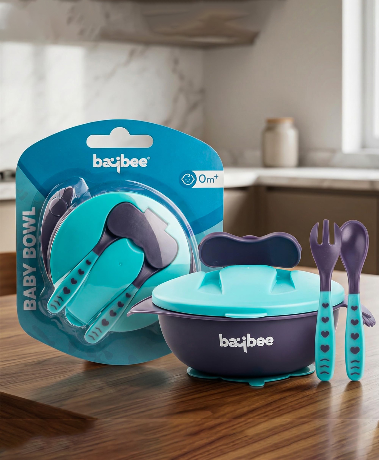 Baybee Baby Feeding Bowl with Lid Suction Cup Spoon & Fork Set - Blue-image-46